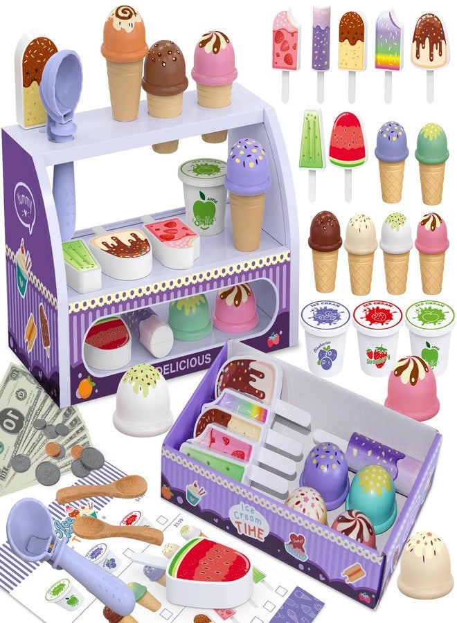 FENYAN Ice Cream Play Set, Pretend Play Store for Toddlers 3-5, Various Flavors Popsicle Ice Cream Counter Shop with Menu & Fake Money, Preschool Ice Cream Toys for Kids 3-8 Girls Birthday Gift - Image 1